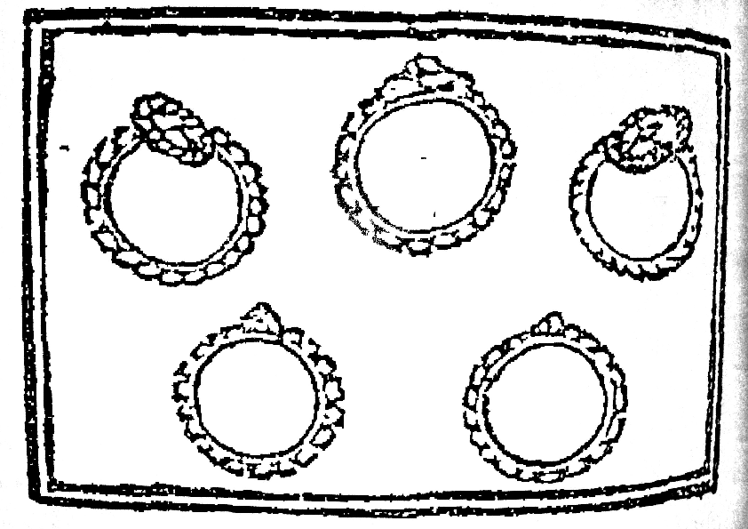 Illustration of "five gold rings", from the first known publication of "The Twelve Days of Christmas"